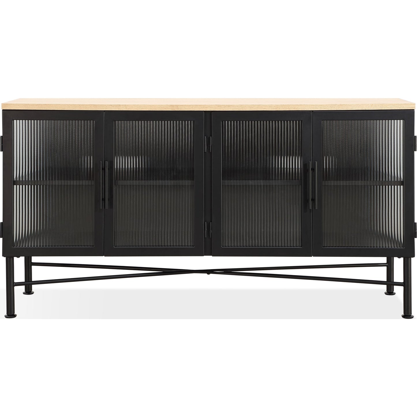 Credenza Aere a quattro ante in vetro rigato, metallo e legno in frassino naturale e nero