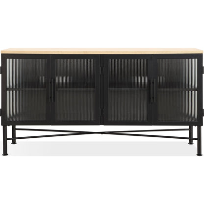 Credenza Aere a quattro ante in vetro rigato, metallo e legno in frassino naturale e nero