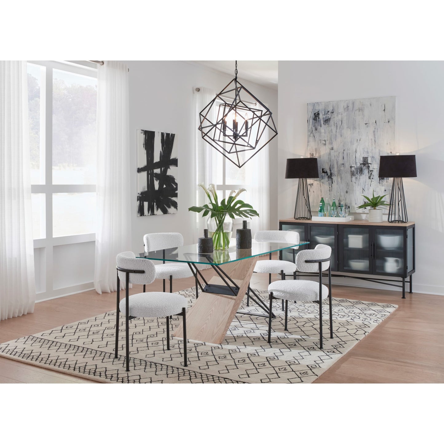 Credenza Aere a quattro ante in vetro rigato, metallo e legno in frassino naturale e nero