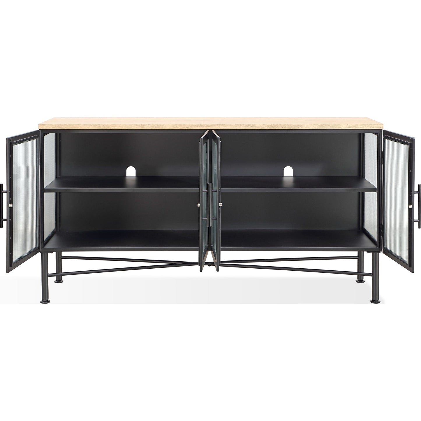 Credenza Aere a quattro ante in vetro rigato, metallo e legno in frassino naturale e nero