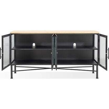 Credenza Aere a quattro ante in vetro rigato, metallo e legno in frassino naturale e nero