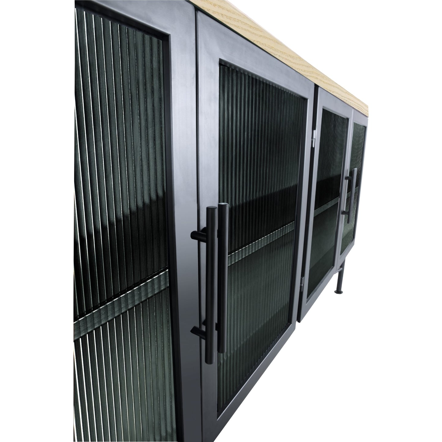 Credenza Aere a quattro ante in vetro rigato, metallo e legno in frassino naturale e nero