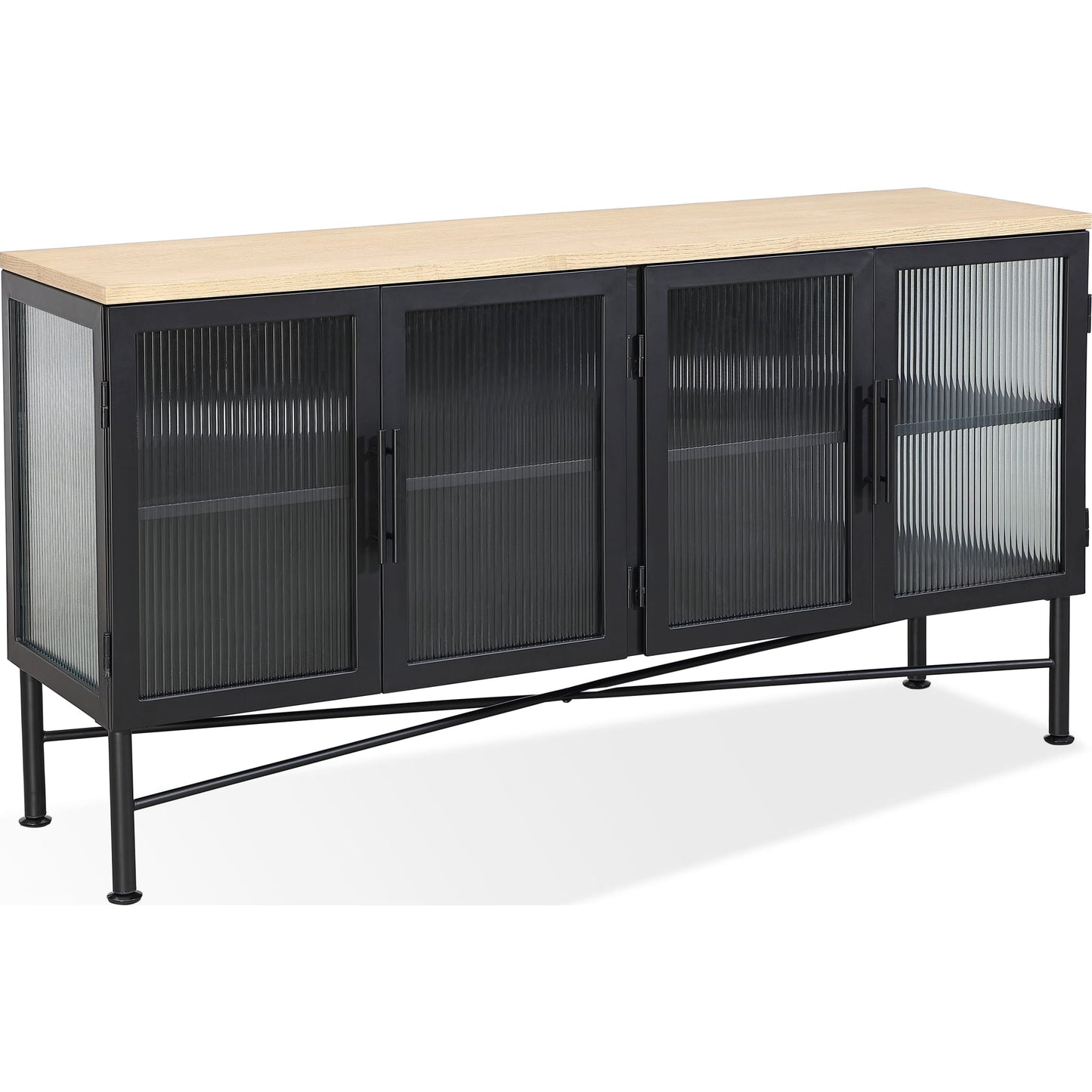 Credenza Aere a quattro ante in vetro rigato, metallo e legno in frassino naturale e nero