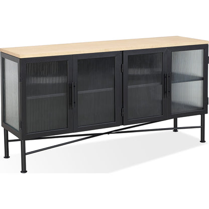Credenza Aere a quattro ante in vetro rigato, metallo e legno in frassino naturale e nero