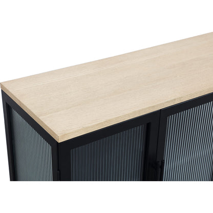 Credenza Aere a quattro ante in vetro rigato, metallo e legno in frassino naturale e nero