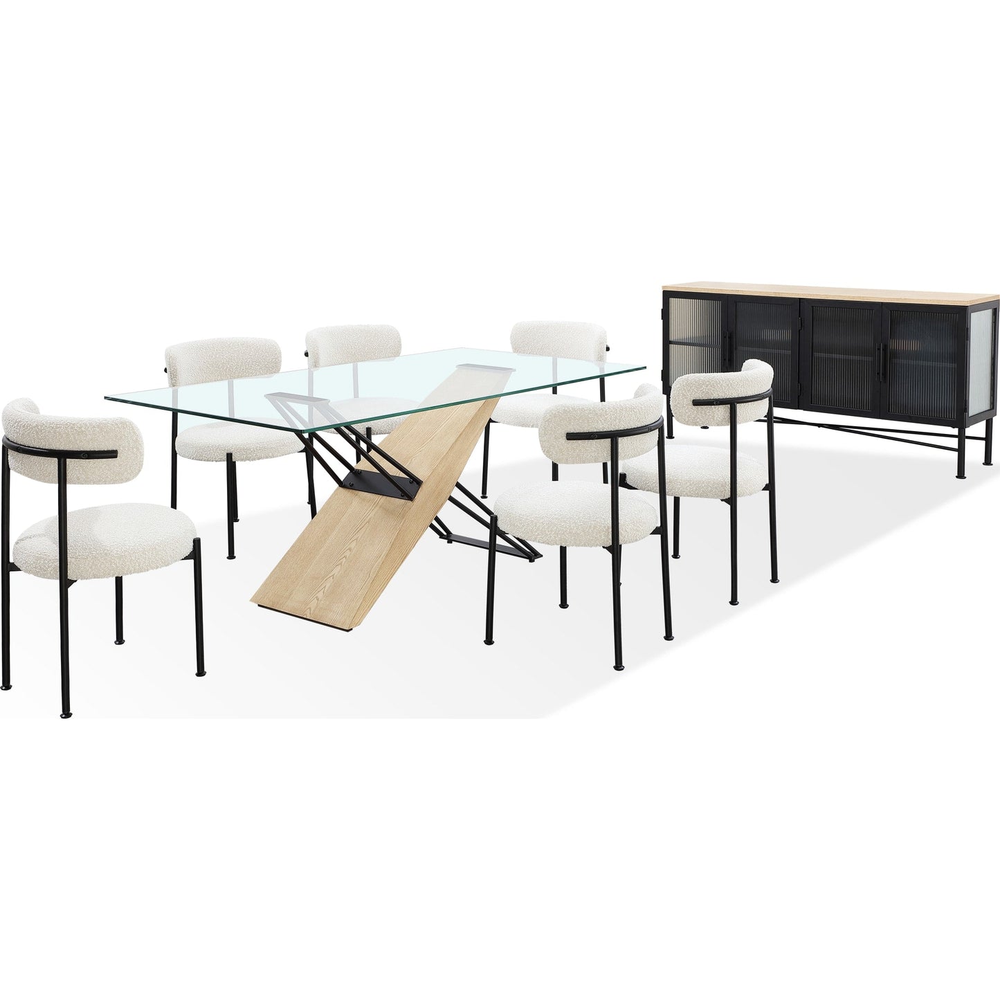 Credenza Aere a quattro ante in vetro rigato, metallo e legno in frassino naturale e nero