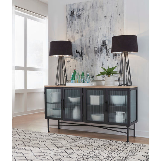 Credenza Aere a quattro ante in vetro rigato, metallo e legno in frassino naturale e nero