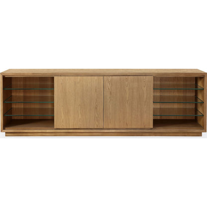 Una consolle TV moderna da 84 pollici in stile costiero color biscotto
