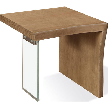 Tavolino in rovere bianco con bordo vivo e vetro color biscotto