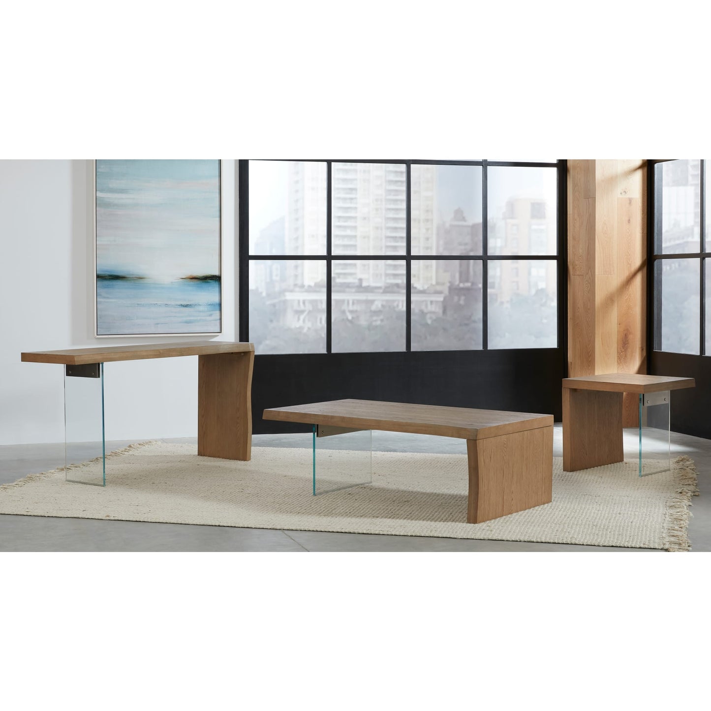 Tavolino in rovere bianco con bordo vivo e vetro color biscotto