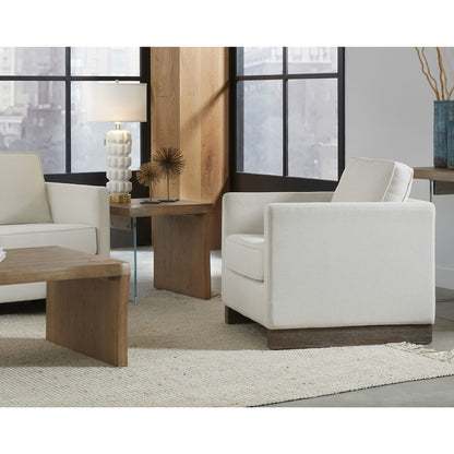 Tavolino in rovere bianco con bordo vivo e vetro color biscotto