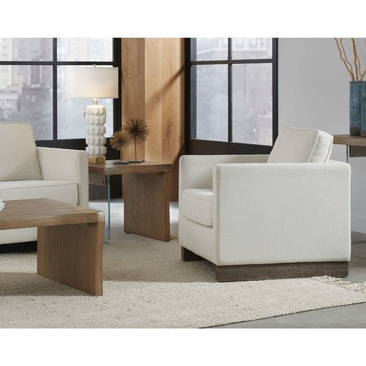 Tavolino in rovere bianco con bordo vivo e vetro color biscotto