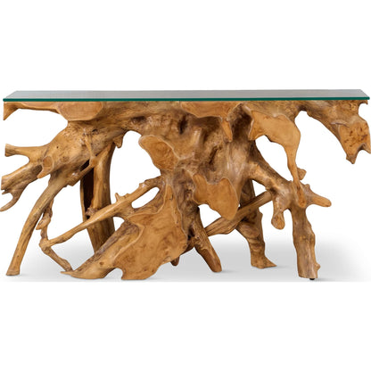 Un tavolo consolle in teak massello con piano in vetro