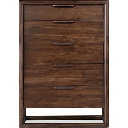 Cassettiera Sol in legno di acacia con cinque cassetti, colore marrone speziato