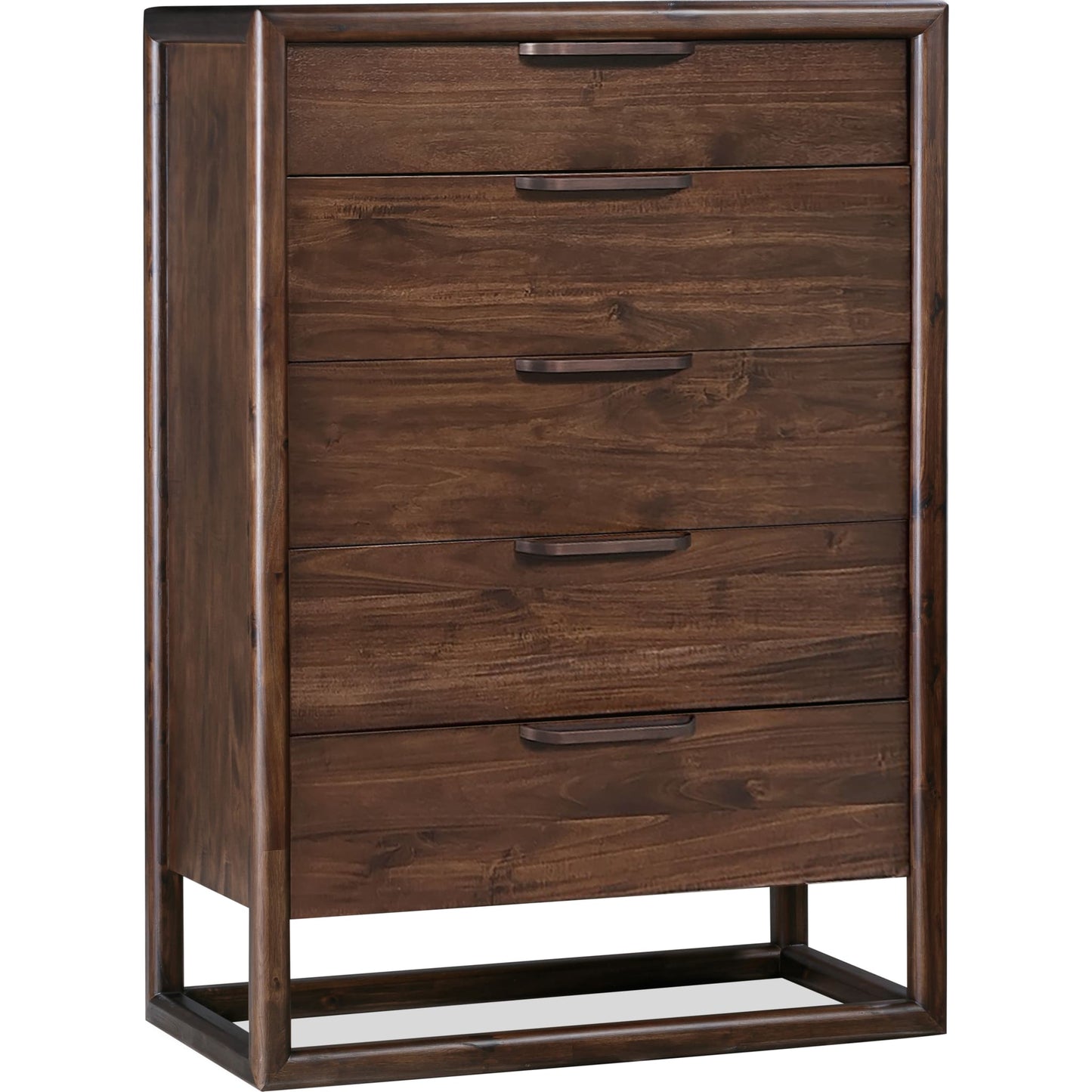 Cassettiera Sol in legno di acacia con cinque cassetti, colore marrone speziato