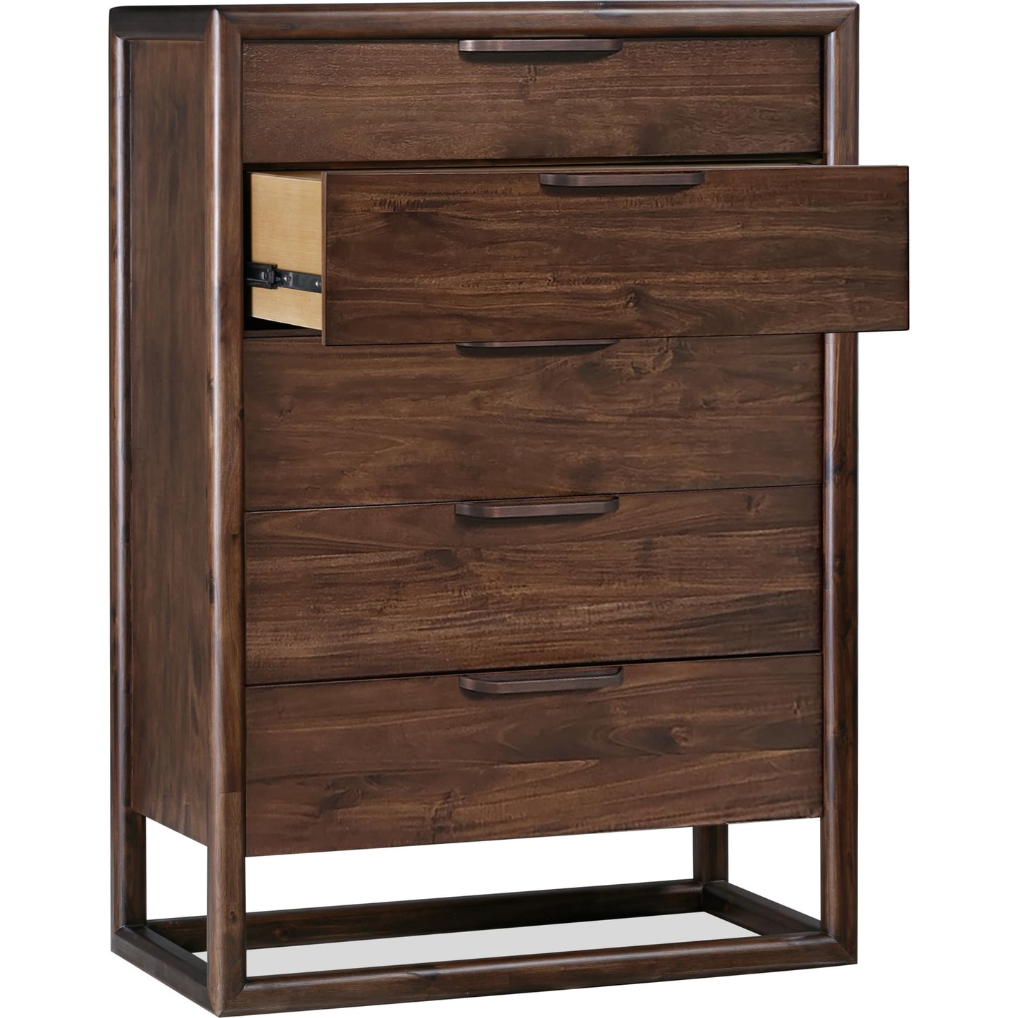 Cassettiera Sol in legno di acacia con cinque cassetti, colore marrone speziato