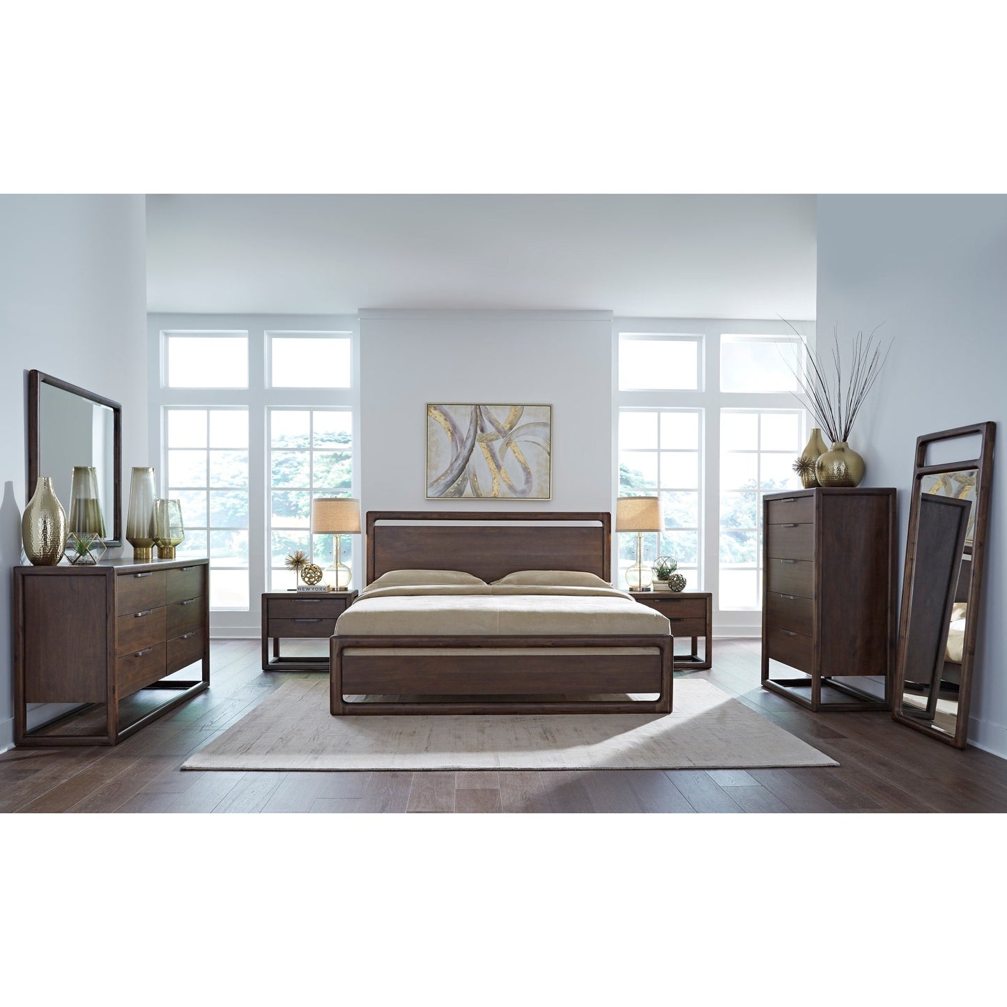 Cassettiera Sol in legno di acacia con cinque cassetti, colore marrone speziato