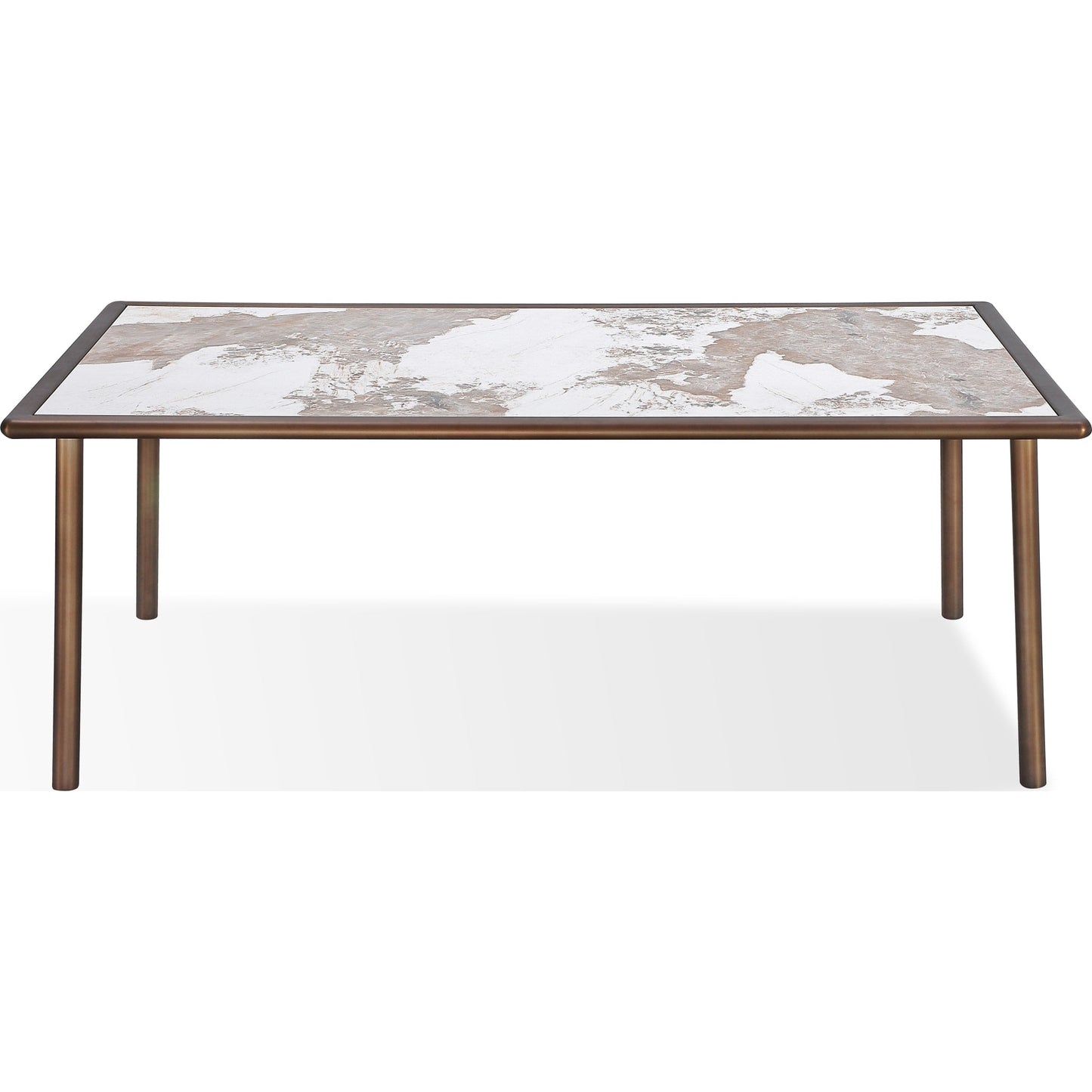 Tavolo da pranzo con piano in pietra Tulum e base in metallo bronzo