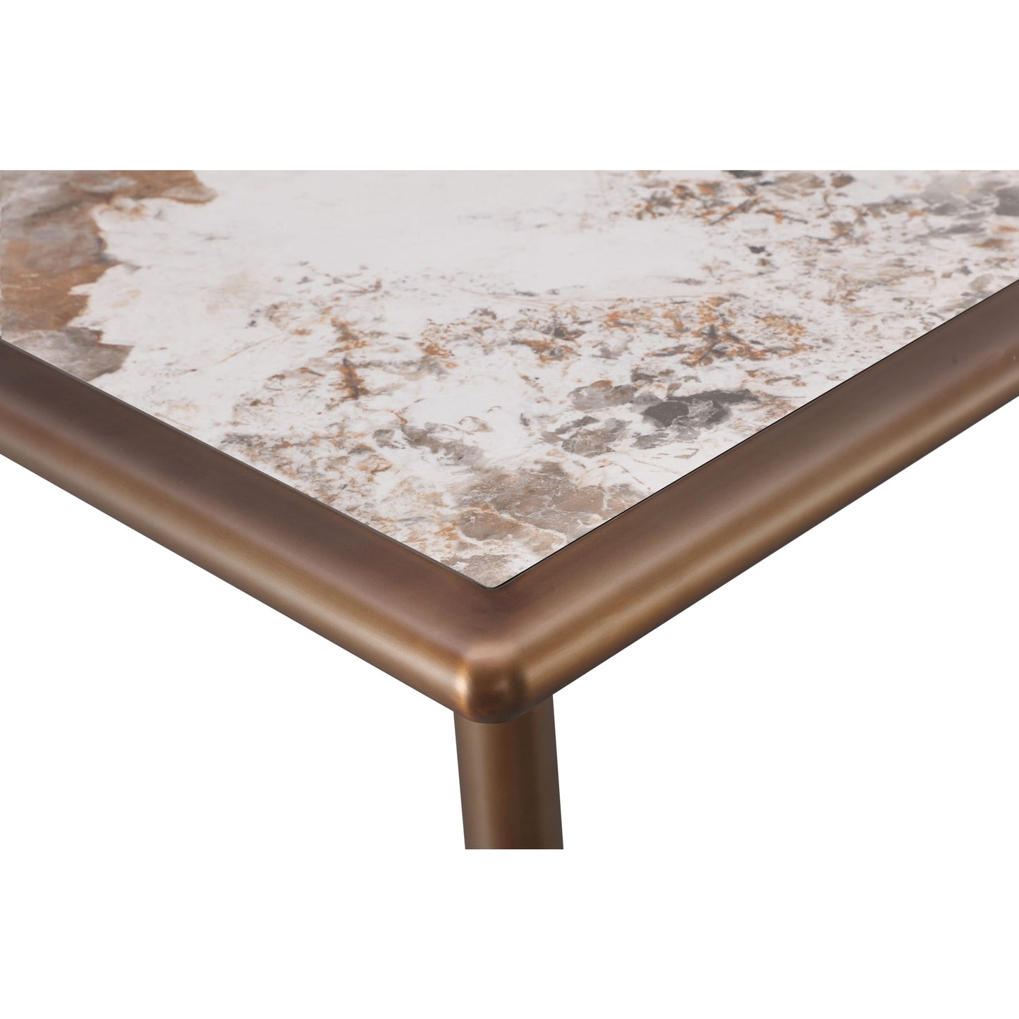 Tavolo da pranzo con piano in pietra Tulum e base in metallo bronzo