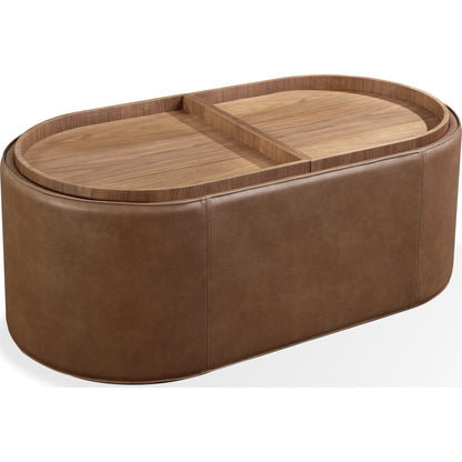 Tavolino contenitore rivestito in pelle Yeal con piano in legno e rotelle