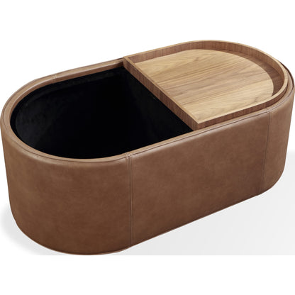 Tavolino contenitore rivestito in pelle Yeal con piano in legno e rotelle