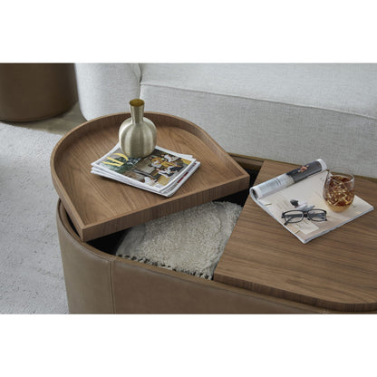 Tavolino contenitore rivestito in pelle Yeal con piano in legno e rotelle