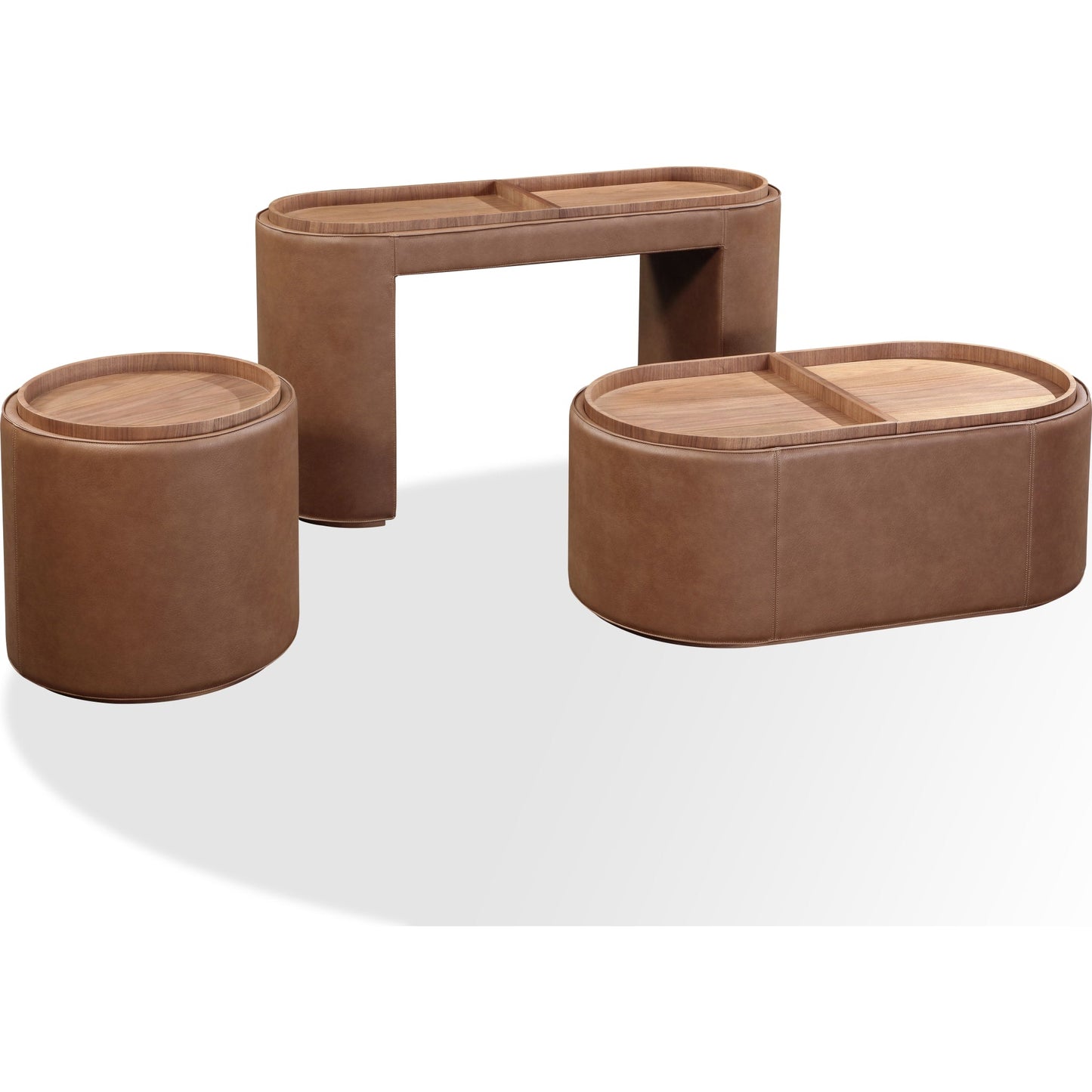 Tavolino contenitore rivestito in pelle Yeal con piano in legno e rotelle