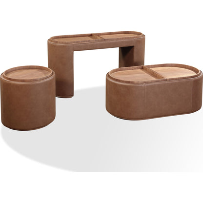 Tavolino contenitore rivestito in pelle Yeal con piano in legno e rotelle