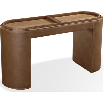 Tavolo consolle contenitore rivestito in pelle Yeal con piano in legno