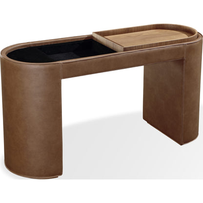 Tavolo consolle contenitore rivestito in pelle Yeal con piano in legno