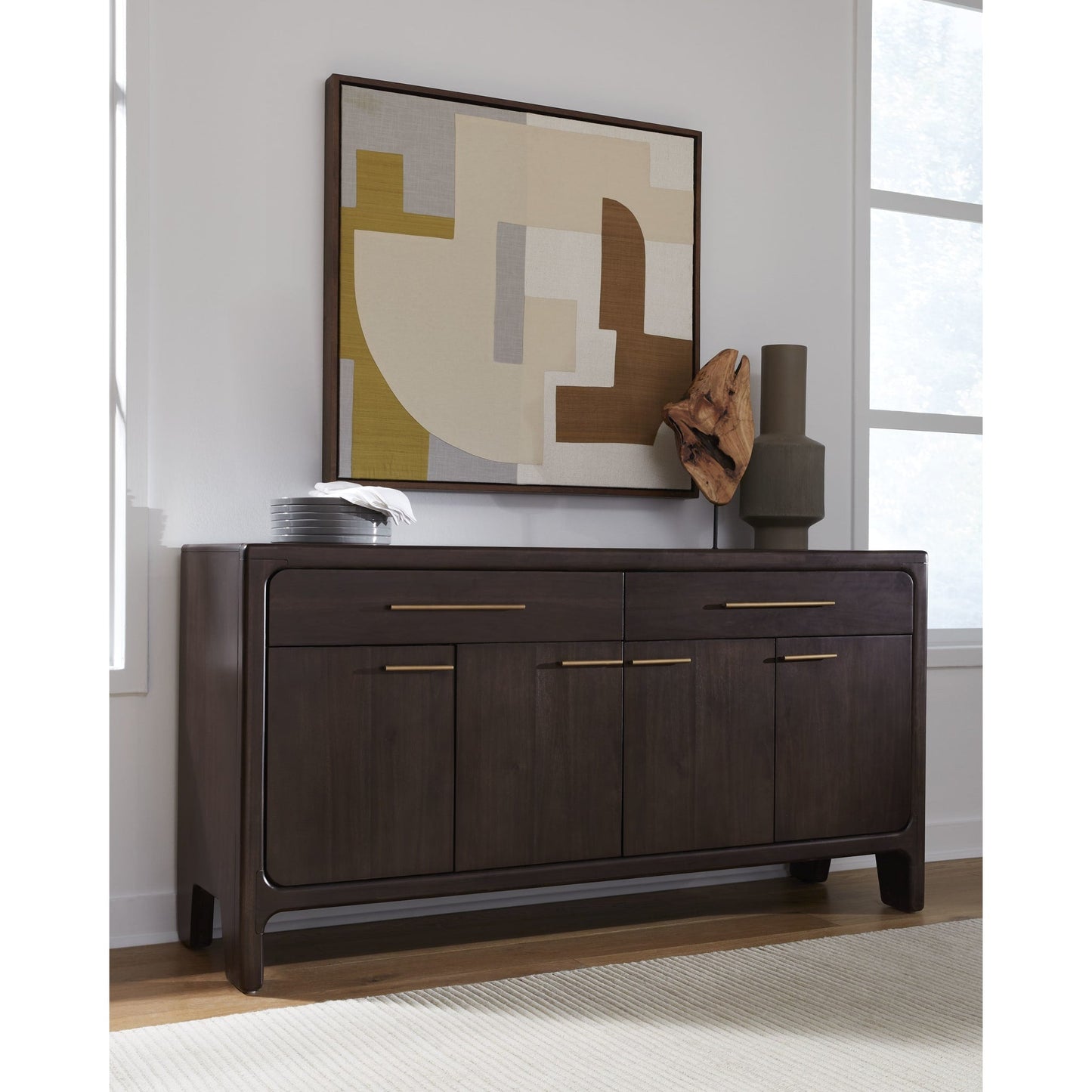 Credenza Zamba in legno di acacia con quattro ante e due cassetti, colore Jaguar